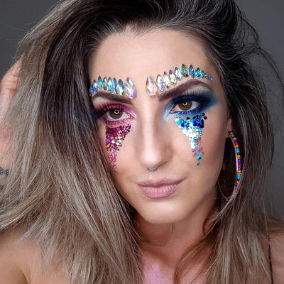 Festival Makeup with Pink Glitter and Blue Glitter